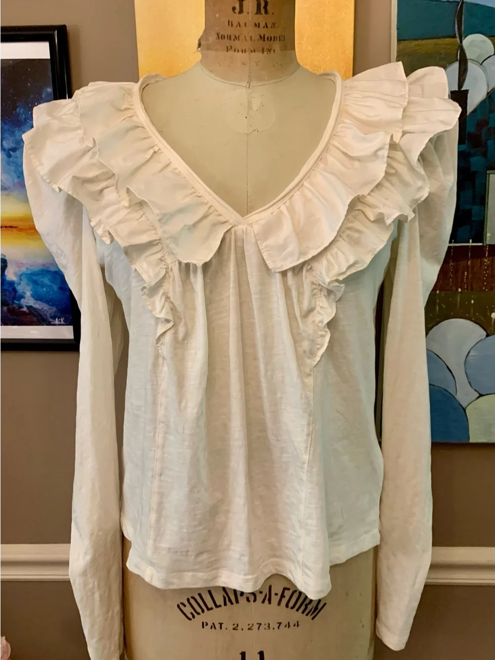 by Anthropologie Ruffle V-Neck Puff Sleeve Knit Top Cream S